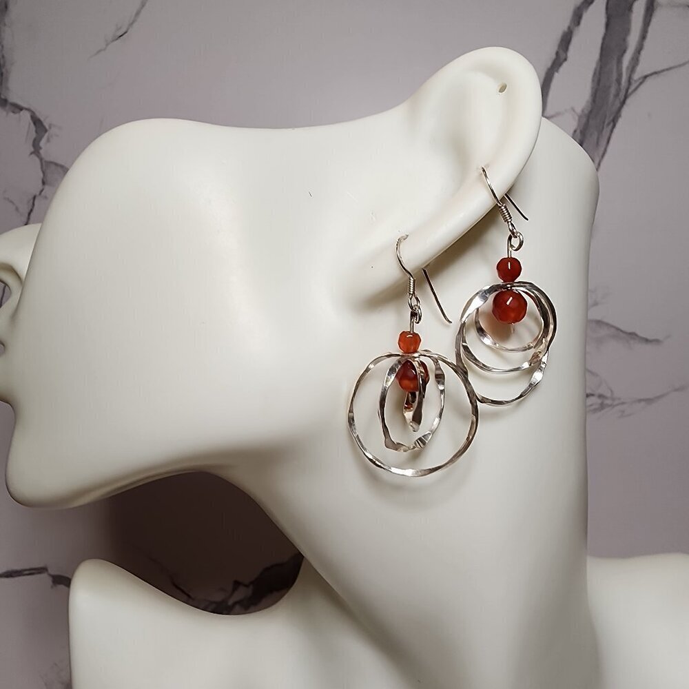 925 Silver Triple Hoop Bead Dangle Earrings